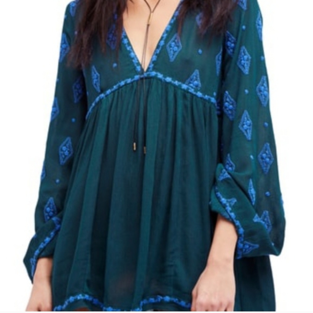 Free People Diamond Embroidered Bell Sleeve Tunic Top Dress Green Boho Babydoll